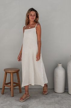 Daisy Dress in Amalfi Coast Style Sand Dune Stripe Flows Summer Dress, Modest Summer Style, Summer Fits 2024, Italian Summer Dresses, Dress Like An Italian Woman, Casual Church Outfits Summer, Cute Casual Summer Outfits, Linen Dress Outfit, Summer Dress Linen