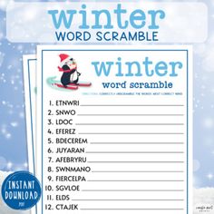 a winter word scramble is shown in the snow