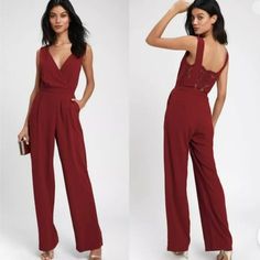 Turn Heads With This New Lulu's Kiska Lace Wide Leg Jumpsuit. This Burgundy Red, Women's Xl Jumpsuit Is Sleeveless, Perfect For Any Event. Its Surplice Bodice, Back Lace Insert, And High-Waisted, Wide Leg Pants Create A Stylish One-Piece Outfit. Brand: Lulu's Color: Red Size: Xl Style: One Piece Jumpsuit, Sleeveless Bodice: Faux Wrap Surplice, Back Lace Insert Pants: Side Zipper, Wide Leg, High Waisted Fully Lined Material: Polyester, Spandexcasual, School, Relaxed, Boxy, Oversized, Slouchy, New Lulus Jumpsuit, Burgundy Jumpsuit, Lulu Pants, Chiffon Jumpsuit, Skort Dress, One Piece Jumpsuit, Formal Jumpsuit, Jumpsuit Dressy, Backless Jumpsuit