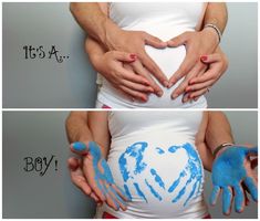 two pictures of pregnant women with hands painted on their stomachs and the words it's a boy written in blue