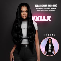 a woman with long black hair standing in front of a poster for xxlx