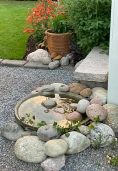 a garden with rocks and water in it