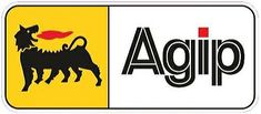 the agip logo is shown in black and yellow, with an image of a dog on it