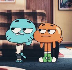 two cartoon characters standing next to each other in front of a couch with a chair behind them