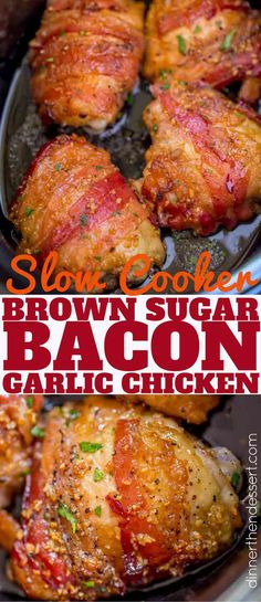 slow cooker brown sugar bacon garlic chicken in a skillet with text overlay