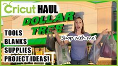 a woman holding bags in front of a dollar tree