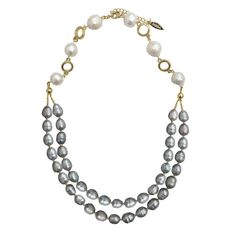 This double strand necklace is made of freshwater pearls in white and grey colour with golden plated brass findings.  This necklace can be worn with suit for work or bare shoulder dress for dinner. Be different with plastic beads that made by machines, gemstone beads may have slightly different between each other in colours or shapes. Bare Shoulder Dress, Dress For Dinner, September Birthstone Jewelry, Double Strand Necklace, Baroque Pearl Earrings, August Birthstone Jewelry, July Birthstone Jewelry, Designer Fashion Jewelry, Pearl Jewellery Earrings