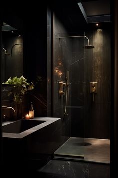 Imagine a luxurious bathroom with opulent noir designs, featuring dark elegance and stylish fixtures. Dark Luxe Bathroom, Black And Brown Home Aesthetic, Dark Luxury Bathroom, Dark Bathroom Aesthetic, Normal Bathroom, Theme House, Dark Bathroom Ideas