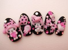 so cutee. Black And Pink Kawaii, Black My Melody, Pink Kawaii Nails, My Melody Nails, Diy Nail Ideas, San Smith, 3d Practice, Sanrio Nails, Stiletto Nail Art