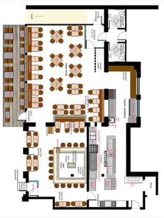 restaurant floor plan showing placement of tables, chairs, bar and kitchen Restaurant Seating Design Layout, Restaurant Bar Floor Plan Design Layouts, Restaurant And Bar Floor Plan, Highway Restaurant Design Plan, Restraunt Floor Plan, Restaurants Plan Layout, Bar Layout Design Floor Plans, Restaurant Interior Design Floor Plan