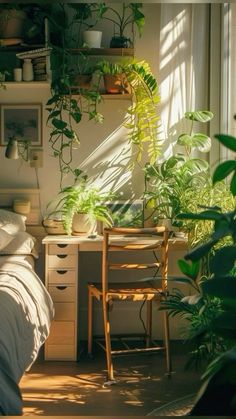 a bedroom with lots of plants in the corner