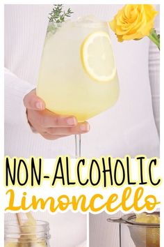 a person holding a glass with lemonade in it and the words non - alcoholic limoo