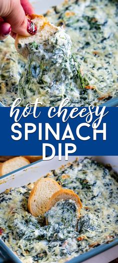 spinach dip in a casserole dish being lifted with a tortilla chip