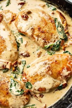 chicken with spinach and white sauce in a skillet