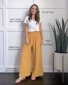 21 Better Than Basic Summer Outfits for 2021 | Merrick's Art Wide Linen Pants Outfit, Wide Leg Linen Pants Outfit Summer, Wide Leg Linen Pants Outfit, Wide Leg Pants Outfit Summer, Basic Summer Outfits, Cream Linen Pants, 21 Outfits, Outfit Recipes, White Eyelet Skirt