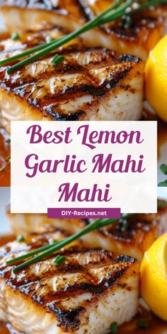 grilled fish with lemon garnish on the side and text overlay reads best lemon garlic mahi