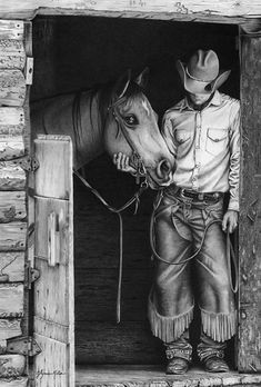 a drawing of a man standing next to a horse in a barn door with his hand on the horse's head