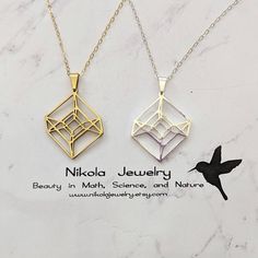 Hypercube Necklace in Gold or Silver In sacred geometry, a Tesseract is often depicted as a symbol of higher dimensions and spiritual enlightenment. It is a four-dimensional analog of the cube, with each edge of the cube extended into a fourth dimension perpendicular to the three spatial dimensions we are familiar with. In your pendant design, you have flattened the 4 dimensions back into a 2-dimensional shape, while still maintaining the illusion of the 4D Tesseract Purchase includes a natural jewelry box and gift packaging.  Gift? Add-on a hummingbird card for only $7: https://www.etsy.com/listing/202506976/nikola-jewelry-hummingbird-card Turn pendant into a keychain or ornament: https://www.etsy.com/listing/1003597263/turn-any-pendant-into-a-key-chain-or ★ ITEM DETAILS ★ Pendant: Stainl Square Metal Necklace For Gift, Square Metal Necklaces For Gifts, Gold Sterling Silver Geometric Necklace, Modern Brass Necklaces For Gifts, Modern Brass Necklace For Gifts, Modern Brass Necklace For Gift, Minimalist Pyramid-shaped Jewelry For Gifts, Adjustable Geometric Necklace For Gifts, Geometric Gold Jewelry Gift