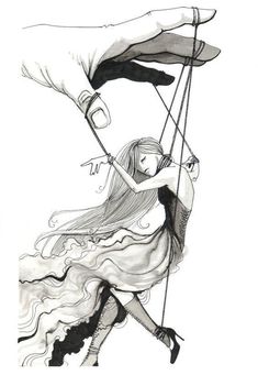 a drawing of a girl swinging on a rope with an umbrella over her head and another hand holding the string