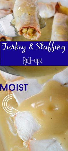 turkey and stuffing roll - ups with gravy on a plate next to a fork