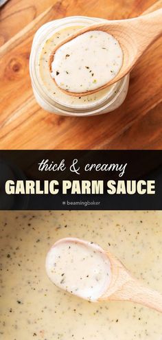 garlic parm sauce in a glass bowl with a wooden spoon on the side, and another photo of it