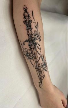 Dagger With Vines Tattoo, Celtic Dagger Tattoo, Dagger Forearm Tattoo, Vine Sleeve Tattoo, Fine Line Book Tattoo, Wrist Wrap Tattoo, Side Tattoos Women, Gothic Tattoos