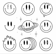 six smiley faces with different expressions on them, each drawn in black and white ink