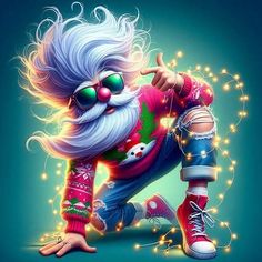 a digital painting of a santa clause wearing bright colored clothes and sunglasses, with his hands on his hips