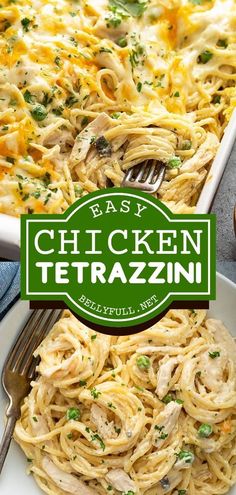 This weeknight dinner is classic comfort food! It's a make-ahead pasta recipe that's also freezer-friendly. Creamy, cheesy, and delicious, this Easy Chicken Tetrazzini is always a favorite! Save this and try it! Light Chicken Tetrazzini Recipes, Dishes With Leftover Chicken, Million Dollar Tetrazzini, Make Ahead Chicken Tetrazzini, Crockpot Tetrazzini Chicken, Easy Chicken Tretazzini Recipe, Chicken Tetrazzini For Two, Pasta Dishes With Rotisserie Chicken, Linguine Chicken Tetrazzini