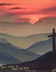 a painting of a cross on top of a hill with the sun setting in the background