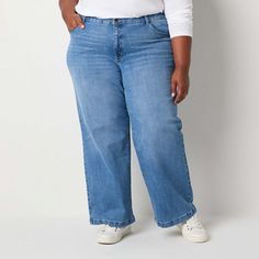 These St. John's Bay women's plus wide-leg jeans are an essential style to add to your rotation. Cut from a recycled soft stretch-denim blend for a high-rise, these jeans have a button-zip fly and 5-pocket tailoring. Wear them with a fitted tee or turtleneck. Features: EssentialsClosure Type: Button & ZipperPockets: 1 Front Coin Pocket, 2 Back Slip Pockets, 2 Front Slip PocketsRise: High RiseFiber Content: 89% Cotton, 5% Recycled Cotton, 5% T400 Elasterell-P, 1% Lycra SpandexFabric Description: Cheap Wide-leg Jeans For Women, Affordable Wide-leg Jeans For Women, Denim Blue Bottoms With Side Pockets, Short Length, Full-length Denim Bottoms With Elastic Waistband, Cheap Wide Leg Pull-on Jeans, High Rise Wide Leg Jeans, Loose Fit Jeans, Fitted Tee, Workout Tee