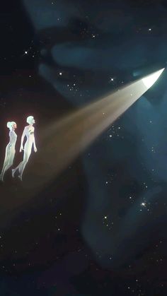 two people flying through the air on top of a star filled sky with light coming from them