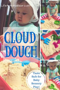 there is a collage of photos with the words cloud dough