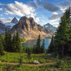 the mountains are covered in snow and green grass, with trees on either side of them