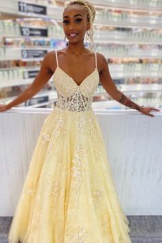 Lace-Up Yellow V-Neck Appliques A-Line Long Formal Dress Yellow Corset, Prom 2023, Long Formal Dress, Lace Formal Dress, Different Dresses, On The Horizon, Prom Dresses Lace, Long Prom Dress, The Horizon