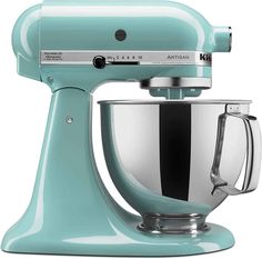 an aqua green kitchen mixer on a white background with the words artisan above it