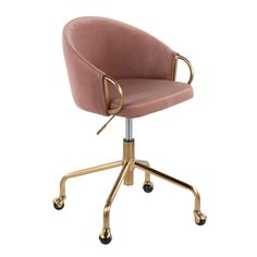 a pink office chair with gold legs and wheels