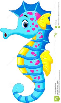 a cartoon seahorse with blue and yellow stripes on it's body, standing upright