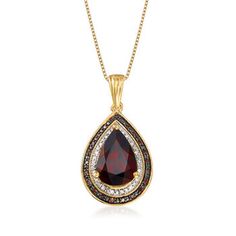 Ross-Simons - 4.10ct Garnet, .20ct t.w. Red, White Diamond Pendant Necklace Over Sterling. 18". Positively regal and exceptionally radiant, our pendant necklace provides unmatched elegance. A richly hued 4.10 carat pear-shaped garnet is framed by .20 ct. t.w. red and white diamonds in 18kt yellow gold over sterling silver. This style is holiday party-ready, and also perfect for your Saturday date night. Box chain. Springring clasp, diamond and garnet pendant necklace. Garnet birthstones are the Citrine Drop Earrings, Garnet Drop Earrings, Filigree Pendant Necklace, Garnet Birthstone, Garnet Red, Opal Pendant Necklace, Garnet Pendant, Red Diamond, Sterling Jewelry