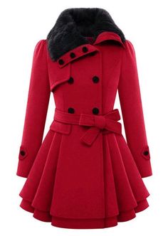 Solid Fur Collar Coat with Belt - Fairyseason #affiliate Celana Kargo, Women's Windbreaker, Fur Collar Coat, Middle Age Fashion, Wool Coat Women, Wool Trench Coat, Collared Coat, Belted Coat, Red Coat