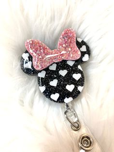 "Hearts Minnie Glitter Badge Reel | Badge Holder | Id Holder | 3D Minnie Bow | Black and white hearts Cute Retractable badge reels! Add some spunk to your work day! So much sparkle! This one is done with a black/charcoal glitter and a 3D pink glitter bow. These are 2 inch acrylic shapes covered with real glitter and vinyl. They are sealed with layers of epoxy for a smooth shiny finish then attached to a badge reel with your choice of an alligator clip with full 360 swivel, or Belt Clip that does Valentines Badge Reel, Diy Sandals, Nursing Accessories, Minnie Bow, Nurse Badge Holders, Black And White Heart, Acrylic Shapes, Diy Teacher Gifts