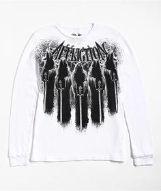 Provided in children's sizes with a waffle-knit thermal build, the Foreboding long sleeve t-shirt from Affliction arrives in a sleek white color. Made from 100% cotton fabric, the warm thermal shirt employs a screen-printed graphic on the front of five Grim Reapers with swords standing in a row below bold, ornate branding for an uneasy vibe. The back of the long sleeve finishes the shirt with small letter "A" brand logo situated beneath the right arm. Small Letters, Thermal Shirt, Thermal Long Sleeve, Grim Reaper, Waffle Knit, Brand Logo, Screen Printing, Long Sleeve Tshirt, Cotton Fabric