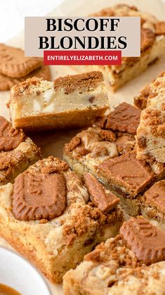 biscoff blondies are cut into squares and arranged on a white platter