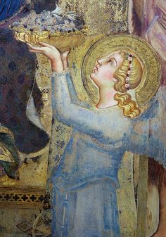 a painting of a woman holding a tray with food in it's hand and looking up at the sky