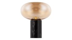 a black and gold table lamp with a glass ball on it's base, against a white background