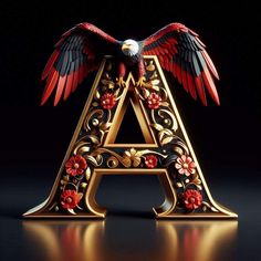 the letter a with an eagle and flowers on it's front is shown in gold