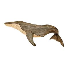 a wooden whale is shown against a white background