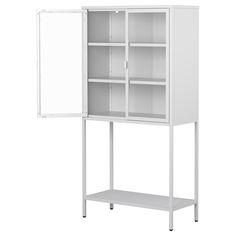 a white bookcase with two doors on the front and one open door on the back