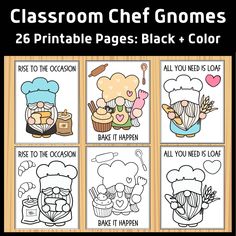 four classroom chef gnomes coloring pages with the text, 25 printable pages black and color