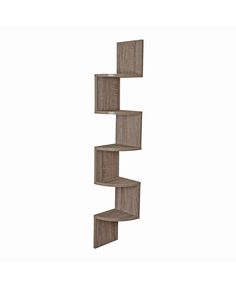 the corner shelf is made out of wood and has three shelves on each side, one with